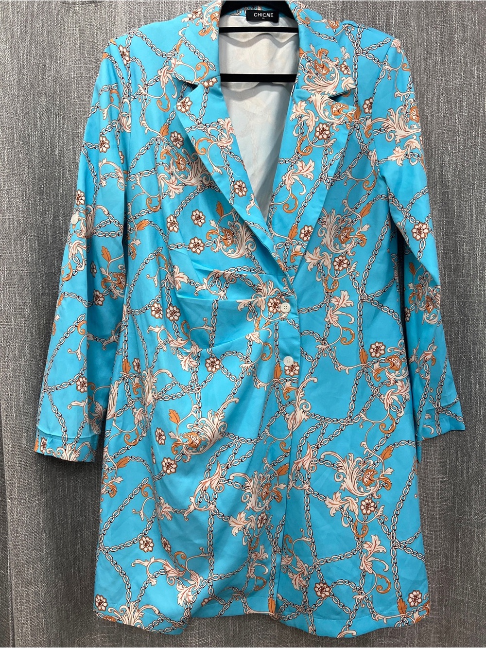 chic Turquoise Chain & Floral Print Blazer